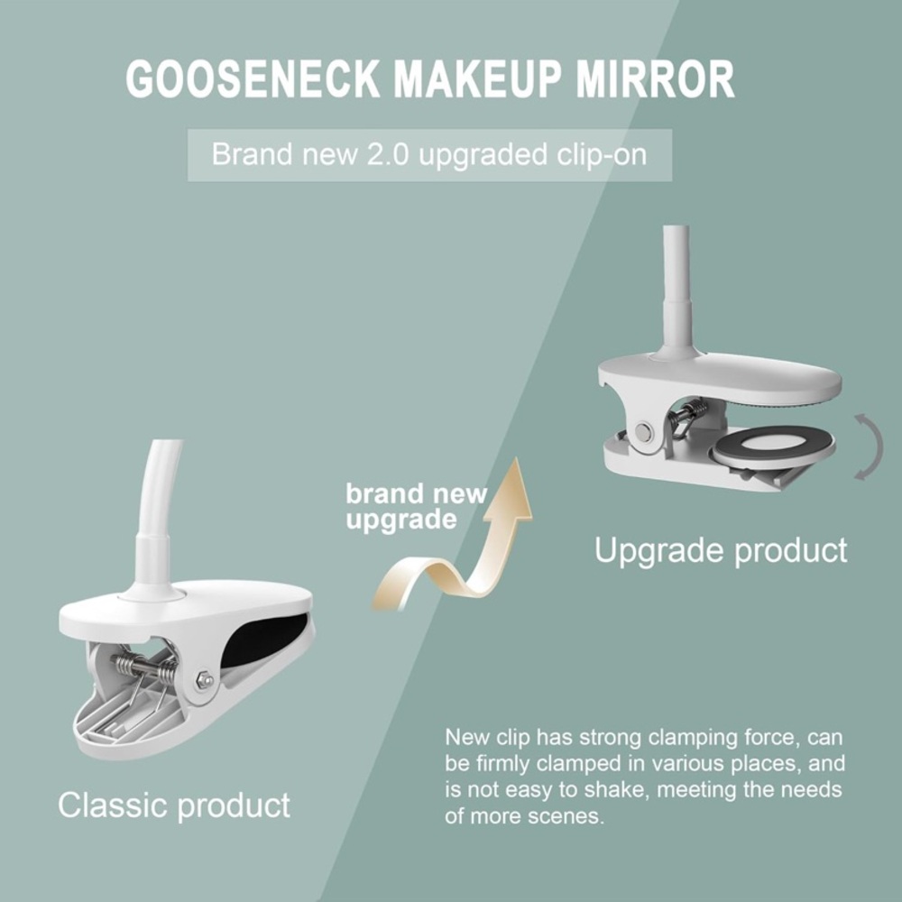 6.5" Clip On Gooseneck Makeup Vanity Mirror With Light, 2000mAh USB Lighted Trav - Picture 5 of 7